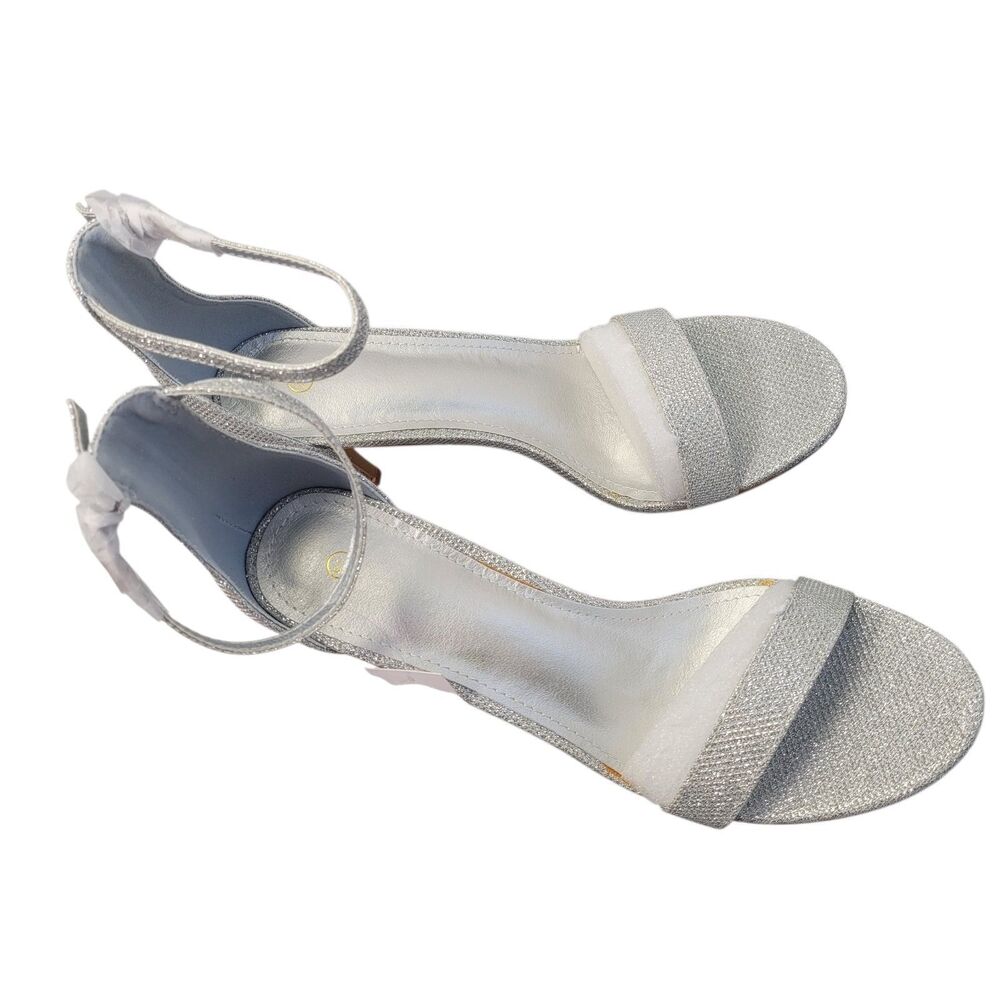Qonetic Women's Silver Glitter Ankle Strap High Heels Stiletto Sandals Size 9.5 - Picture 10 of 14